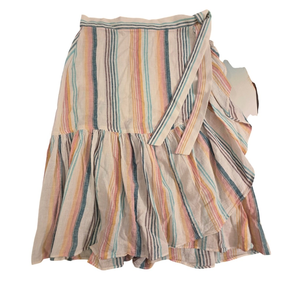 Chaps Petite Striped Linen Blend Wrap Skirt Multi Color Ruffle Midi PM/M